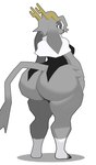 2024 anthro antlers big_butt blue_eyes bottomless bovid butt caprine clothed clothing female goat grey_body grey_hair hair hi_res horn huge_butt mammal pseudoregalia serious_face solo sssonic2 sybil_(pseudoregalia) tail thick_thighs topwear