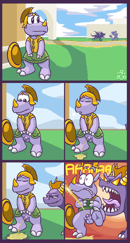 anthro armor balls biped bodily_fluids chasing clothed clothing fear_peeing foreskin front_view genital_fluids genitals group headgear helmet horn humanoid_genitalia humanoid_penis male naughty_face no_underwear open_mouth partially_retracted_foreskin peeing penis running scared screaming shield silhouette solo_focus standing teeth trio urethra urine urine_on_ground urine_pool urine_stream conditional_dnp grumpyvulpix activision mythology spyro_the_dragon spyro dragon mammal mythological_creature mythological_scalie rhinoceros rhynoc scalie aliasing comic digital_media_(artwork) hi_res signature