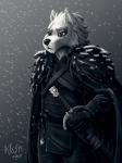 anthro anthrofied armor belt black_nose cape cloak clothing fur gloves handwear leather melee_weapon outside red_eyes scar simple_background snow solo sword weapon white_body white_fur winter heresy_(artist) game_of_thrones ghost_(game_of_thrones) jon_snow canid canine canis mammal wolf 2019 3:4 digital_media_(artwork) hi_res shaded