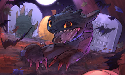4_claws ambiguous_gender bodily_fluids claws detailed_background dirt feral food forked_tongue fruit leaf looking_at_viewer open_mouth orange_eyes plant pumpkin saliva saliva_string scales scar sharp_teeth solo teeth tombstone tongue tongue_out rivashell dreamworks european_mythology how_to_train_your_dragon mythology toothless bat dragon fury_(httyd) mammal mythological_creature mythological_scalie night_fury scalie undead western_dragon zombie hi_res shaded soft_shading