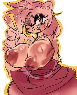accessory alternate_breast_size anthro anthrofied areola big_areola big_breasts big_hands big_nipples bodily_fluids breasts clothing clothing_between_breasts curvy_figure dress ears_up eyelashes female female_anthro fingernails flashing flashing_breasts green_eyes hair hair_accessory hairband headband headgear headwear holding_breast huge_areola huge_breasts huge_nipples looking_at_viewer nails nipple_fetish nipple_pinch nipple_play nipples pinch pink_body pink_hair red_clothing red_dress red_hairband red_headband red_headwear ring smile smiling_at_viewer solo sweat voluptuous erieolae sega sonic_the_hedgehog_(series) amy_rose eulipotyphlan hedgehog mammal absurd_res hi_res
