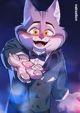 anthro claws clothing extending_hand fur grey_body grey_fur looking_at_viewer male paws solo suit yellow_eyes nakselion disney zootopia pawbert_lynxley canada_lynx felid feline lynx mammal hi_res
