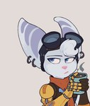 anthro beverage blue_eyes clothed clothing container cup cybernetic_arm cybernetic_limb ear_piercing ear_ring eyewear eyewear_on_head female fur goggles goggles_on_head piercing pink_nose ring_piercing solo white_body white_fur assassyart ratchet_and_clank sony_corporation sony_interactive_entertainment rivet_(ratchet_and_clank) lombax mammal hi_res