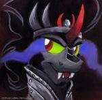 2014 armor black_hair bust_portrait crown equid eye_mist facial_hair fangs friendship_is_magic glowing hair hasbro headgear kenket king_sombra_(mlp) magic male mammal my_little_pony painting_(artwork) portrait red_eyes solo sophiecabra teeth traditional_media_(artwork)