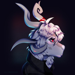 ahoge ambiguous_gender anthro asymmetrical_horns black_clothing blue_pupils clothed clothing coat collared_shirt curled_horn curved_horn cyberpunk dark dramatic_lighting ears_back fully_clothed glistening glistening_body grey_background hair horn looking_away machine markings multicolored_body multicolored_scales pivoted_ears pupils red_eyes rim_light scales shirt side_view simple_background solo text textured_background topwear white_body white_hair hallowgen 24884_(hallowgen) android drude robot scalie 1:1 bust_portrait digital_media_(artwork) hi_res icon portrait shaded signature