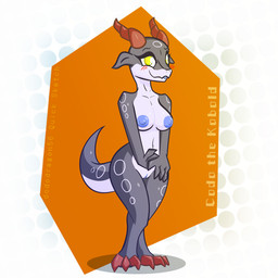 anthro blush breasts claws dotted_background female genitals halftone_background horn looking_at_viewer markings nipples non-mammal_breasts nude pattern_background raised_tail ring_(marking) simple_background solo symbol tail vulva dododragon56 kobold reptile scalie 1:1 cel_shading digital_media_(artwork) full-length_portrait halftone portrait shaded