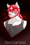 anthro fur gem glistening hair looking_at_viewer male muscular muscular_anthro muscular_male ponytail red_eyes red_hair smile solo white_body white_fur chunyin_quanji land_of_the_lustrous canid canine canis elemental_creature gem_creature mammal mineral_fauna wolf 2018 hi_res