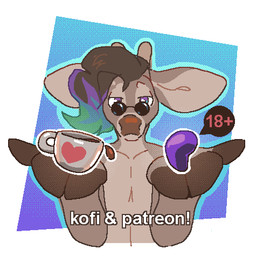 advertisement age_restriction anthro beverage brown_body brown_fur brown_hooves brown_nose coffee coffee_mug eyewear eyewear_only fingers fur half-closed_eyes hooved_fingers hooves looking_at_viewer male narrowed_eyes nude purple_eyes red_text snout solo sunglasses sunglasses_only text white_text dyyrlysh ko-fi patreon kristoffer_everglade deer mammal new_world_deer white-tailed_deer 1:1 2025 aliasing aseprite_(artwork) digital_drawing_(artwork) digital_media_(artwork) dithering english_text half-length_portrait low_res portrait