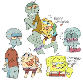 bedroom_eyes blue_eyes blush dialogue duo half-closed_eyes heart_symbol male male/male narrowed_eyes question_mark red_eyes seductive simple_background smile sponge teeth text white_background mao_draws nickelodeon spongebob_squarepants spongebob_squarepants_(character) squidward_tentacles aquatic cephalopod coleoid mollusk octopodiform octopus sea_sponge hi_res spanish_text translated unavailable_at_source