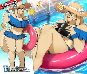 5_fingers anthro bikini blonde_hair blue_eyes book bow_tie clothing exclamation_point eyelashes eyewear female fingers footwear fur glasses hair hat headgear headwear holding_book holding_object holding_swim_ring long_hair looking_at_viewer midriff navel outside round_glasses sandals shoes solo squiggle_mouth standing straw_hat sun_hat swim_ring swimming_pool swimwear tail text two-piece_swimsuit water wearing_glasses wristband yellow_body yellow_fur yellow_tail 00niine liz_(00niine) canid canine canis domestic_dog mammal 2026 artist_name