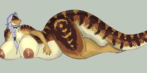 anthro areola big_areola big_breasts big_tail braided_hair breasts brown_areola brown_nipples choker choker_only colored_nails curvy_figure eyes_closed feet female female_anthro fingernails green_body hair hand_on_belly huge_breasts huge_tail humanoid_feet humanoid_hands jewelry lying nails necklace necklace_only nipples nude on_side plantigrade purple_fingernails purple_hair purple_nails purple_toenails smile solo tail tan_body thick_thighs toenails toes voluptuous voluptuous_anthro voluptuous_female twistedteeth mami_(twistedteeth) reptile sand_boa scalie snake 2022 absurd_res hi_res