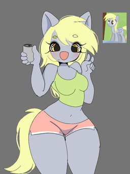 anthro biped blonde_hair blush breasts clothing crop_top eyelashes female fur green_clothing green_crop_top green_shirt green_topwear grey_background grey_body grey_fur hair holding_object looking_at_viewer medium_breasts midriff navel open_mouth shirt simple_background smile solo standing tail thick_thighs topwear wide_hips yellow_eyes yellow_tail cottonwaffle friendship_is_magic hasbro my_little_pony derpy_hooves_(mlp) equid equine horse mammal pony 3:4
