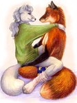 anthro boxers_(clothing) clothed clothing duo eye_contact female fur gloves_(marking) hair hug looking_at_another male male/female markings orange_body orange_fur smile topless underwear white_body white_fur white_hair unknown_artist chakona_space kris_fletcher trina_snowfox arctic_fox canid canine fox mammal red_fox true_fox