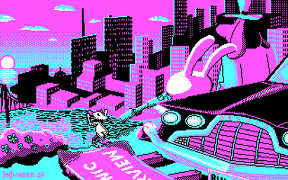 4_colors ambiguous_gender anthro bridge bright_colors building car cga city cityscape clothing cloud fedora floppy_ears flower group gun hands_up hat headgear headwear luger male neon plant pointing_gun police police_car police_vehicle ranged_weapon river sea shrub skyline skyscraper street_sign suit suit_jacket sun sunset suspension_bridge trio vehicle water weapon [in]vader desoto_(car) desoto_adventurer loss sam_and_max max_(sam_and_max) samuel_dog canid canine canis domestic_dog lagomorph leporid mammal murid murine rabbit rat rodent 16:10 digital_media_(artwork) dithering meme pixel_(artwork) restricted_palette widescreen