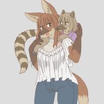 anthro clothed clothing duo female grey_background kemono open_mouth simple_background snout ekaki510 canid canine coati mammal maned_wolf procyonid 1:1