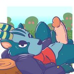 anthro balls blue_body blue_fur clothed clothing detailed_background erection fur genitals looking_at_viewer male penis solo fizzyjay animal_crossing nintendo bruce_(animal_crossing) antelope bovid mammal 1:1 digital_media_(artwork) hi_res