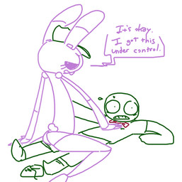 anthro clothing dialogue duo hat headgear headwear looking_at_viewer machine male nervous on_top panties straddling text underwear the_weaver five_nights_at_freddy's scottgames bonnie_(fnaf) mike_schmidt weaver_bonnie animatronic human lagomorph leporid mammal rabbit robot english_text