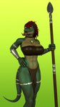 abs accessory anthro armor athletic athletic_anthro athletic_female bandeau belly big_breasts body_rings bottomwear breasts clothing female furgonomics gauntlets gloves green_body green_eyes hair handwear jewelry kerchief loincloth looking_at_viewer melee_weapon neckband necklace neckwear non-mammal_breasts polearm red_hair silver_(metal) simple_background solo spear tail tail_accessory tongue tongue_out topwear tribal tribal_clothing weapon yellow_belly thevestige petruz_(copyright) lizard_(petruz) lizard reptile scalie 3d_(artwork) digital_media_(artwork) hi_res source_filmmaker_(artwork)