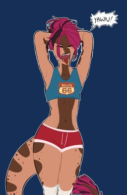 anthro athletic athletic_anthro athletic_female biped bottomwear breasts brown_body clothed clothed_anthro clothed_female clothing colon crop_top eyes_closed feathered_tail feathers female footwear front_view hair hands_behind_head hotpants legwear long_hair markings navel non-mammal_breasts non-mammal_navel open_mouth outline purple_body purple_feathers purple_hair raised_arms sharp_teeth shirt shorts simple_background small_breasts socks solo speech_bubble spots spotted_markings tail teeth text thigh_highs thigh_socks tongue tongue_out topwear transparent_background white_outline yawn scaredofbunnies devlog:_a_post-modern_college_experience rebecca_(devlog) dinosaur dromaeosaurid microraptor prehistoric_species reptile saurischian scalie theropod alpha_channel colored english_text hi_res portrait three-quarter_portrait