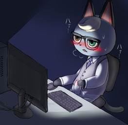 anthro blonde_hair blush bodily_fluids chair clothed clothing computer computer_mouse electronics emanata eyewear fur furniture genitals glasses grey_body grey_fur hair heterochromia humanoid_genitalia humanoid_penis male masturbation monitor penile penile_masturbation penis sitting solo sweat ateni animal_crossing nintendo raymond_(animal_crossing) domestic_cat felid feline felis mammal hi_res