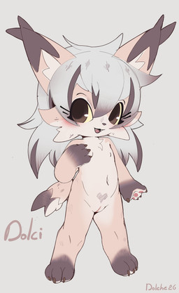 anthro biped black_highlights black_markings black_nose cheek_tuft claws countershade_face countershade_fur countershade_torso countershading cute_fangs ear_tuft eyebrows facial_tuft fangs female flat_chested fur genitals gloves_(marking) hair heart_(marking) heart_symbol highlights_(coloring) humanoid_genitalia humanoid_vulva inner_ear_fluff leg_markings looking_at_viewer markings nude pawpads pubic_markings simple_background socks_(marking) solo standing tan_body tan_fur teeth text toddler toe_claws tongue tuft vulva white_body white_countershading white_fur white_hair white_inner_ear_fluff young young_anthro young_female dolchette dolci_(dolchette) felid feline lynx mammal 2026 absurd_res character_name english_text hi_res model_sheet
