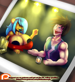 alcohol bar beverage big_breasts breasts cleavage clothed clothing drunk duo female male nightclub nipples patreon_logo patreon_username photo public substance_intoxication text website_logo makarimorph patreon misskari felid human lion mammal pantherine digital_media_(artwork) english_text url