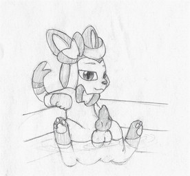 animal_genitalia animal_penis balls bath bathing black_nose canine_genitalia canine_penis erection feral genitals knot looking_at_viewer male nude paws penis quadruped simple_background sitting smile solo water akferal nintendo pokemon fan_character nimbus_ethersong eeveelution generation_6_pokemon mammal pokemon_(species) sylveon 2019 greyscale monochrome traditional_media_(artwork)