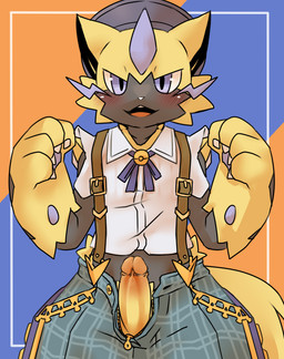 4_fingers anthro biped black_body black_fur blue_background blue_bottomwear blue_bow_tie blue_clothing blue_eyes blue_pawpads blue_shorts blue_whiskers blush blush_lines bottomwear bow_tie cheek_tuft claws clothed clothed_anthro clothed_male clothing collared_shirt erection facial_tuft finger_claws fingers foreskin frenulum fur genitals glans glistening glistening_eyes hat headgear headwear holowear_(pokemon) humanoid_genitalia humanoid_penis looking_at_viewer male male_anthro multicolored_body multicolored_fur multicolored_penis open_bottomwear open_clothing open_mouth open_shorts orange_background orange_glans orange_penis pattern_background pattern_bottomwear pattern_clothing pattern_shorts pawpads penis retracted_foreskin shirt shorts simple_background small_nose solo string_bow suspenders tail teeth tongue tongue_showing topwear tuft two_tone_penis unzipped unzipped_shorts whiskers white_clothing white_nose white_shirt white_topwear yellow_body yellow_fur yellow_penis yellow_tail zipper pu_sukebe nintendo pokemon pokemon_unite fashionable_style_zeraora felid feline generation_7_pokemon legendary_pokemon mammal pokemon_(species) zeraora 2023 absurd_res digital_drawing_(artwork) digital_media_(artwork) hi_res