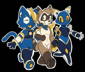 ambiguous_gender anklet blue_body brown_body brown_fur eyes_closed female fur group jewelry machine male mascot mmmj567_artist mostly_nude multicolored_body multicolored_fur simple_background trio walking yellow_eyes mmmj567 e621 furaffinity esix fender hexerade canid canine canis cat_robot domestic_dog felid feline hybrid mammal procyonid raccoon robot hi_res