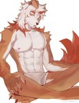 anthro arm_tattoo blush bulge clothing detailed_bulge fur genital_outline hair horn long_hair male multicolored_body multicolored_fur multicolored_hair orange_hair penis_outline simple_background solo tail tan_body tan_fur tattoo two_tone_body two_tone_fur two_tone_hair underwear white_body white_fur white_hair axianorange arknights hypergryph studio_montagne hung_(arknights) canid canine canis domestic_dog mammal 2023 absurd_res hi_res