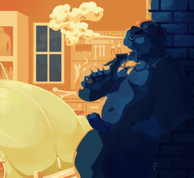 anthro belly big_belly bodily_fluids car cigar cigarette collar erection foreskin genital_piercing genitals hand_in_pocket holding_cigarette holding_object humanoid_genitalia humanoid_penis male male_anthro moobs narrowed_eyes navel nipples open_mouth open_overalls overweight overweight_anthro overweight_male penis penis_piercing piercing pockets prince_albert_piercing smoke solo standing sweat sweaty_chest vehicle window workshop chocolateandmilk canid canine canis domestic_dog mammal alternate_version_at_source restricted_palette signature