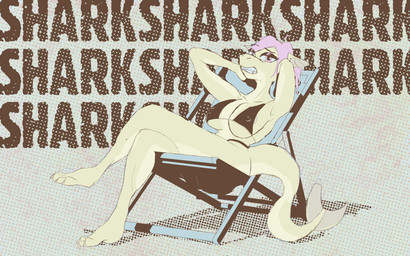 anthro areola areola_slip big_breasts breasts female hair huge_breasts nipple_outline nipples non-mammal_breasts non-mammal_nipples pink_hair shark_tail shark_teeth solo swimsuit_only thick_thighs wide_hips yellow_body blackwidoe aquatic fish shark 16:10 hi_res widescreen