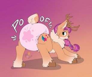 alternate_species antlers big_diaper braided_hair braided_ponytail clothed clothing cloven_hooves cutie_mark diaper diaper_fetish female feral fur green_eyes hair hooves horn neck_tuft orange_body orange_fur pink_diaper ponytail purple_hair solo tuft wearing_diaper maynara hasbro mlp_g5 my_little_pony sunny_starscout_(mlp) deer mammal hi_res