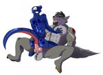 4_toes 5_fingers abs anal anal_penetration anal_tugging animal_genitalia animal_penis anthro anthro_on_anthro anthro_penetrated anthro_penetrating anthro_penetrating_anthro anvil_position balls beard biceps big_penis black_nose blue_body blue_scales blue_skin bodily_fluids body_hair butt cheek_tuft chest_hair claws cowgirl_position duo ear_piercing erection eye_patch eyes_closed eyewear facial_hair facial_piercing facial_tuft feet fingers from_front_position fur genitals goatee gold_(metal) gold_claws gold_jewelry gold_tooth grey_body grey_fur hair hairy_balls hand_on_butt hand_on_chest horn jewelry knot legs_up male male/male male_on_bottom male_on_top male_penetrated male_penetrating male_penetrating_male markings muscular muscular_male nipple_piercing nipple_ring nipples nose_piercing nude on_bottom on_top open_mouth orgasm pawpads paws pecs penetration penile penile_penetration penis piercing pink_penis pirate pubes red_body red_scales red_skin ring_piercing scales scar sex simple_background size_difference smile spots spotted_body tattoo toe_claws toes tongue tongue_out tuft white_background white_horn gorrym captain_darke_wolve spatic_tech canid canine canis lizard mammal reptile scalie wolf 2019 digital_media_(artwork)