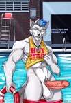 abs absurd_res anthro balls bareback bulge canid canine canis clothing english_text erection fur genitals hi_res lifeguard male mammal messy midnight_blue muscular muscular_anthro muscular_male nipples nude penis poolside pose simple_background solo text underwear uniform wet wet_body wet_clothing wolf