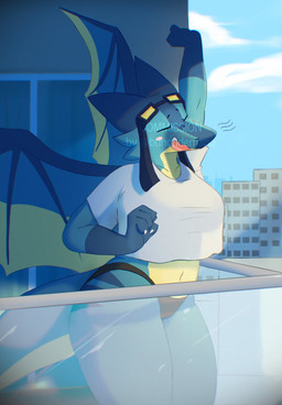 anthro big_breasts black_clothing black_thong black_underwear blue_body breasts city city_background cityscape clothing eyewear eyewear_on_head female goggles goggles_on_head navel open_mouth shirt solo spread_wings standing stretching thick_thighs thong topwear underwear white_clothing white_shirt white_topwear wide_hips wings yawn bunondemand mythology dragon mythological_creature mythological_scalie scalie character_request hi_res