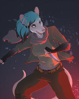 5_fingers anthro blue_hair clothed clothing female fingers fur grey_body grey_fur hair holding_object holding_weapon knife open_mouth simple_background solo teeth weapon wyla american_opossum mammal marsupial virginia_opossum invalid_tag 2016 4:5 digital_media_(artwork) hi_res shaded