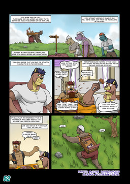 annoyed anthro arrow_sign bandage bandaged_arm bandaged_head bottomwear brown_body brown_hair clothing dialogue dood eating eating_food embarrassed foot_in_mouth furniture group hair holding_fork inner_monologue inside male messy_eater open_mouth outside page_number plant purple_hair ragged_clothing riding_on_back rock shirt shorts six_frame_image speech_bubble table text text_box thinking tight_clothing tight_shirt tight_topwear topwear tree white_clothing white_hair white_shirt white_topwear wounded vju79 mythology cobby_(vju79) zudrec_(vju79) canid canine canis cougar dragon felid feline humanoid mammal mythological_creature mythological_scalie orc scalie wingless_dragon wolf comic english_text hi_res url