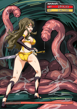 accessory ambiguous_gender ambiguous_pred armwear bare_shoulders big_breasts bikini bikini_bottom bikini_top bodily_fluids breasts brown_hair butt cave clothed clothing elbow_gloves female female_prey feral feral_pred footwear gameplay_mechanics gloves group gui hair hair_accessory hairpin handwear health_bar holding_object holding_weapon human_prey larger_pred light_body light_skin melee_weapon number open_mouth saliva sandals shoes side_boob size_difference swimwear sword tentacles text two-piece_swimsuit weapon yellow_bikini yellow_clothing yellow_eyes yellow_swimwear arniro vividred_operation himawari_shinomiya human mammal worm absurd_res character_name digital_media_(artwork) hi_res