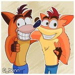 anthro blue_bottomwear blue_clothing blue_pants bottomwear clothing eyebrows fur gesture gloves green_eyes hand_gesture handwear hug male orange_body orange_fur pants simple_background smile solo thumbs_up yellow_body yellow_fur g_bunn activision crash_bandicoot_(series) crash_bandicoot_1 crash_bandicoot_4:_it's_about_time crash_bandicoot bandicoot mammal marsupial 1:1 hi_res