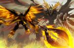 ambiguous_gender attack battle cape claws clothing death-x-mon duo energy fire flying melee_weapon simple_background sword teeth weapon wings luciferxover bandai_namco digimon alphamon dexmon digimon_(species) x-digimon 2015