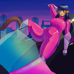 anthro big_breasts biker breasts building clothing ear_piercing female jumpsuit motorcycle piercing skyline solo tail vehicle zipper snesflint ex-zodiac kyuu_(ex-zodiac) haplorhine mammal monkey primate 1:1 2024 hi_res signature