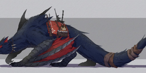 ambiguous_feral ambiguous_gender basket beak blue_body blue_fur claws container duo feet feral fur grey_background long_tail melee_weapon membrane_(anatomy) membranous_wings mouth_closed multicolored_body no_sclera pupils quadruped red_body shadow simple_background standing sword tail tail_wraps tapering_tail toe_claws walking weapon wings wraps yellow_eyes miqotegirl capcom monster_hunter avian bird cohoot flying_wyvern nargacuga owl 2025 absurd_res digital_drawing_(artwork) digital_media_(artwork) hi_res shaded