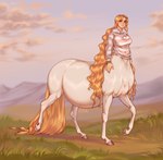 2022 5_fingers alternate_species black_eyebrows blonde_hair blue_sky blush breasts centaur clothed clothing cloud colored day digital_drawing_(artwork) digital_media_(artwork) equid equid_taur european_mythology eyebrows female field fingers fur grass greek_mythology green_eyes grey_hooves hair hi_res hoodie hooves humanoid_taur lips long_hair long_tail looking_at_viewer lucasestellar mammal mammal_taur mountain mountain_range mythological_creature mythology outside partially_clothed pattern_clothing pattern_hoodie pattern_topwear pink_lips plant pregnant pregnant_female pregnant_taur raised_leg sky smile smiling_at_viewer snowglow_(mioulgaw) solo striped_clothing striped_hoodie striped_topwear stripes tail taur taur_lower_pregnancy topwear wavy_hair wavy_tail white_body white_clothing white_fur white_hoodie white_topwear yellow_tail