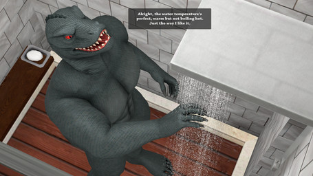 abs anthro bathing bathroom biped feet humanoid_feet male male_anthro muscular muscular_anthro muscular_male nude nude_anthro nude_male pecs plantigrade red_eyes shower shower_room showering solo text meteorsmash okamical_(modeler) epic_games fortnite thunder_(fortnite) komodo_dragon lizard monitor_lizard reptile scalie 16:9 3d_(artwork) 4k absurd_res digital_media_(artwork) english_text hi_res widescreen