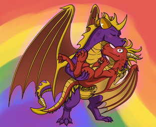 blush claws duo feral holding_partner horn kiss_on_forehead kissing lgbt_pride male male/male membrane_(anatomy) membranous_wings pride_color_background pride_colors red_eyes simple_background spines standing tail wings roxasfin activision lgbt_pride_month mythology spyro_the_dragon flame_(spyro) spyro dragon mythological_creature mythological_scalie scalie