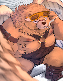 anthro belly boots brown_body brown_fur bulge cigarette clothed clothing eyewear footwear fur glasses male moobs nipples o-ring overweight shoes skimpy smoking solo wings dagehot bear mammal absurd_res hi_res