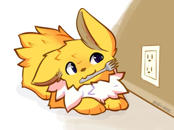 :3 ambiguous_gender blue_eyes cutlery feral fork fork_in_mouth fur kitchen_utensils lying mouth_hold nude object_in_mouth on_front paws quadruped simple_background smile solo tools tuft white_background white_body white_fur yellow_body yellow_fur 4friday nintendo pokemon eeveelution generation_1_pokemon jolteon pokemon_(species) 4:3 colored digital_drawing_(artwork) digital_media_(artwork) hi_res shaded