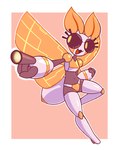 anthro black_sclera clothing female finger_gun flying gesture hand_gesture machine navel open_mouth panties simple_background smile solo underwear wings yellow_eyes screwroot mothbot_(vonjungle) arthropod insect lepidopteran moth robot hi_res