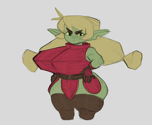 annoyed armor belt big_breasts big_ears blonde_hair breasts clothing female green_body hair hands_on_hips huge_breasts humanoid_pointy_ears legwear notched_ear pointy_ears shortstack solo thick_thighs thigh_highs unconvincing_armor wide_hips monugi_doodles goblin humanoid